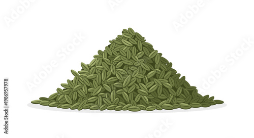 A large conical pile of small oval-shaped green seeds or grains featuring subtle textures and soft shadows set against a clean white background space.
