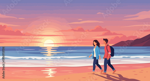 Couple walks on the beach during sunset near the ocean with waves and mountains in the background