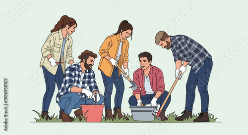 Group of people working together in a garden during the day while planting and preparing soil for planting