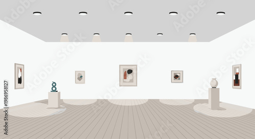 A spacious and brightly lit art gallery exhibits various abstract framed paintings and sculptures under focused spotlights on a polished wooden floor.