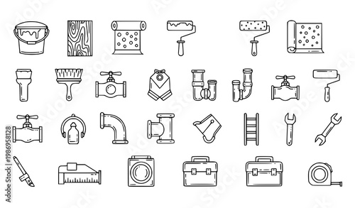 Building materials hardware outline icon set vector with paint pipe wood ladder editable stroke linear design