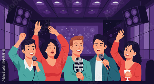 Group of friends singing together in a karaoke room during a fun night out at a local entertainment venue