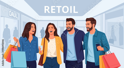 Group of friends enjoying shopping time in a busy mall while carrying bags and sharing laughter