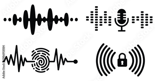 Biometric security and audio wave vector icon set featuring fingerprint, microphone, and secure lock icons for cybersecurity, authentication, voice recognition, and secure technology interface design.