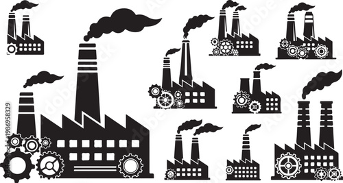 Industrial Factory Buildings and Machinery Silhouette Vector Icons