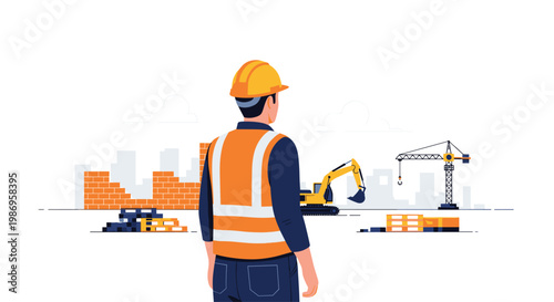 A professional construction worker wearing a bright yellow hard hat and reflective orange safety vest observes a developing building site with machinery.