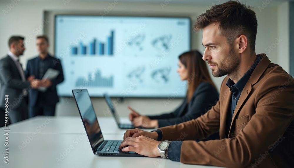 Fototapeta premium Man in brown suit works on laptop in conference room. Colleagues talk near screen showing business charts. Team meets for strategy planning and discussion.