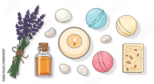 A serene collection of wellness items features fragrant purple lavender sprigs and colorful bath bombs alongside a glowing candle and nourishing essential oils.