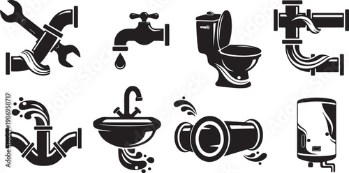 Plumbing icons set with tools and fixtures symbols