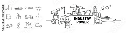 Diverse industrial elements and transportation modes depicted in a line art style