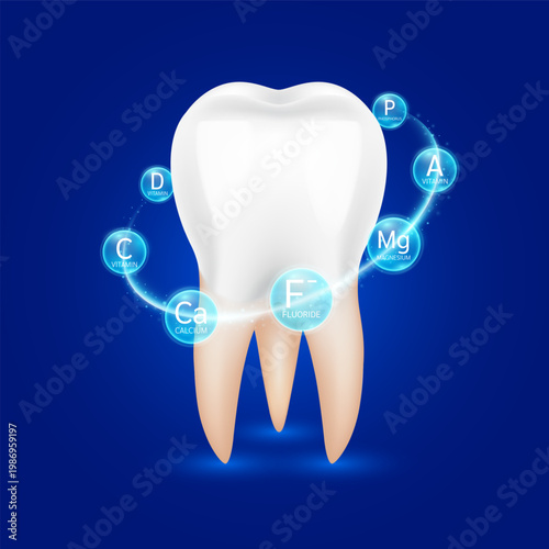 Healthy tooth. Surround radiu Minerals Calcium Phosphorus Fluoride Magnesium and Vitamin A. For Dietary supplement. Dental concepts medical. 3D vector.