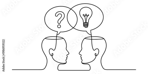Continuous line drawing of two human heads showing a transition from questioning to innovation Vector, illustration