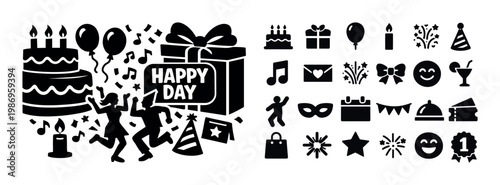 Collection of black icons celebrating a happy birthday party with cake and dancing