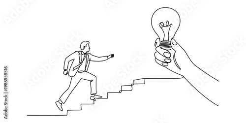 A continuous line drawing of a businessman climbing stairs toward a hand holding a light bulb Vector, illustration