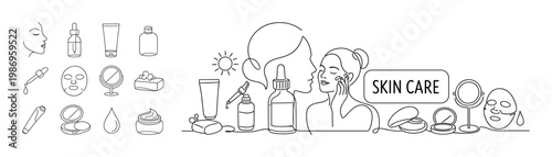 Line art collection of beauty and skincare products and routines for healthy skin