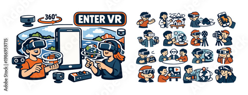 Diverse people experiencing virtual reality with headsets and controllers