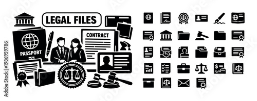 Legal documents and icons representing law, justice, and business transactions