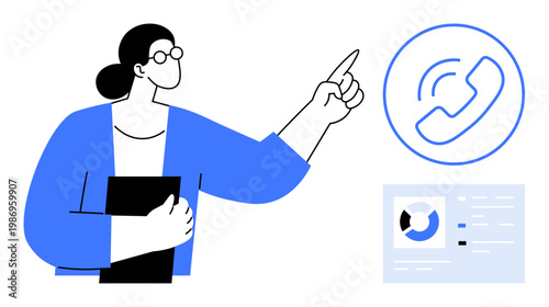 Business communication. Professional presenting phone icon and analytics, highlighting efficient communication tools. Business communication, improving collaboration, user interface enhancements