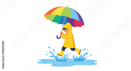 A young boy wearing a yellow hooded raincoat and matching yellow boots runs energetically through a large blue puddle while holding a large rainbow umbrella.