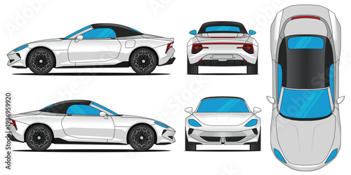 Battery Electric Vehicle - BEV of a cyberster car vector. Car mockup vector, side, front, rear and top views. Vector designs