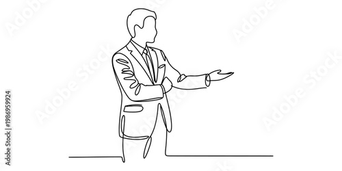 A single continuous line drawing of a professional businessman gesturing toward something ahead Vector, illustration