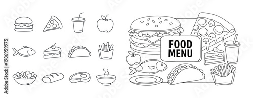 Collection of simple line art icons representing various food and drink items