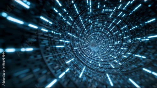 Explore a Glowing Blue Tunnel With Digital Effects in a Dark Setting While Moving Deeper Into the Visuals and Patterns of the Scene