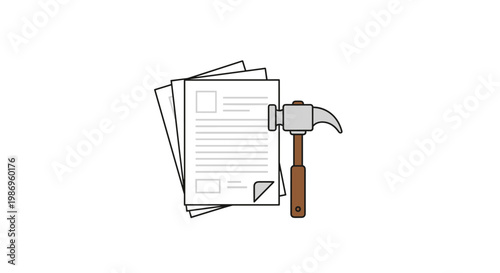A stack of white paper documents with printed text lines and a folded corner sits behind a brown-handled metal claw hammer on a clean white background.