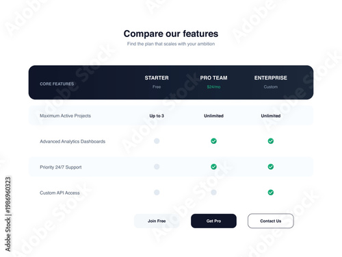 Web design features comparison table, website functionality pricing plans, business services infographic vector