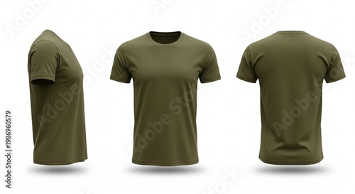 Olive Green T-Shirt Mockup: Front Side and Back Views of Plain Apparel on White Background