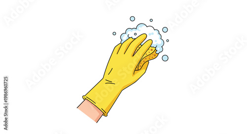 A meticulous hand wearing a bright yellow rubber cleaning glove firmly holds a porous orange sponge covered in thick white soapy lather against a clean white background.