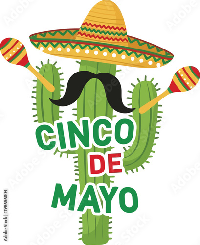 Cinco de mayo cactus with maracas and hat, celebration