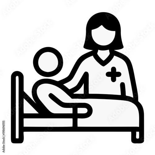 Simple Outline Patient Care Nursing at Hospital Bed Icon Symbol
