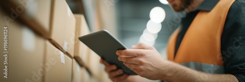 Warehouse worker checking inventory list on digital tablet. Male employee performing quality control in industrial storage facility with cardboard boxes