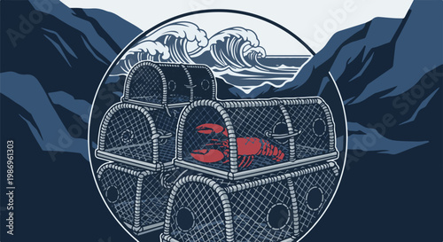 Red lobster in traps with waves crashing against rocky shores