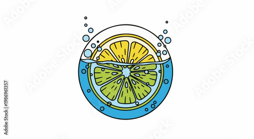 Round illustration of a lemon and lime slice in water with bubbles