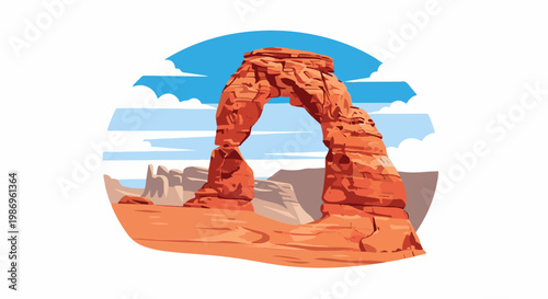 Red sandstone arch formation against a blue sky with clouds