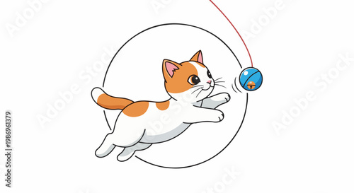 Playful orange and white kitten leaping towards a blue toy ball