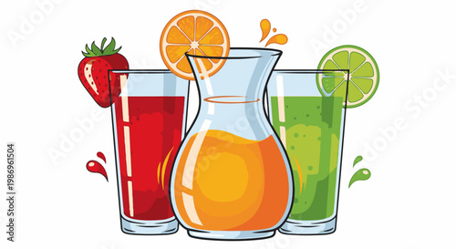 Refreshing assortment of fruit juices in glasses and pitcher