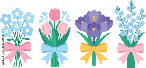 Bouquets of spring flowers with ribbons, forget me nots vector illustration.