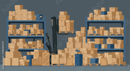 Rows of cardboard boxes stacked on blue metal shelves with a forklift