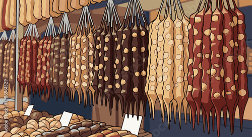 Rows of hanging dried fruit and nut confections