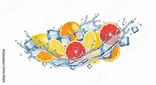 Refreshing citrus slices and ice cubes splashing in water