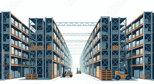 Rows of shelves packed with goods and forklifts in a warehouse setting
