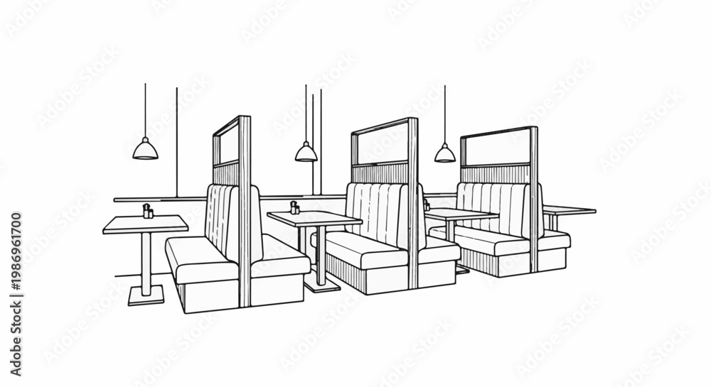 Naklejka premium Restaurant booths and tables with hanging lamps create a cozy dining atmosphere