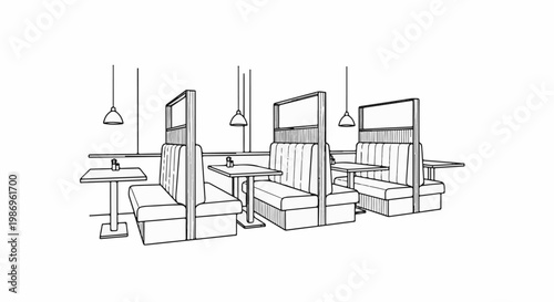 Restaurant booths and tables with hanging lamps create a cozy dining atmosphere