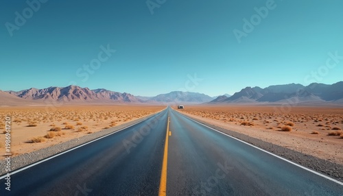 Empty asphalt highway stretches towards distant mountains under clear blue sky. Sparse desert vegetation borders the road with a single vehicle visible far ahead. Wide open landscape invites journey.