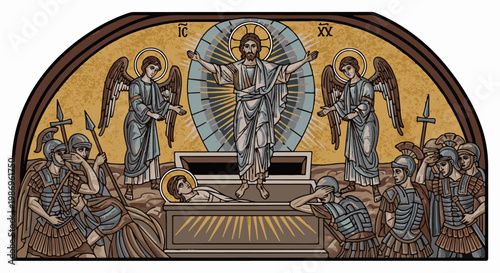 Resurrected figure emerges from tomb between angels and astonished Roman guards