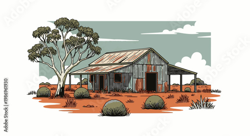 Rural Australian homestead under a cloudy sky with an old shed