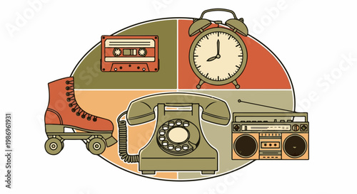 Retro objects cassette, alarm clock, phone, boombox, and roller skate